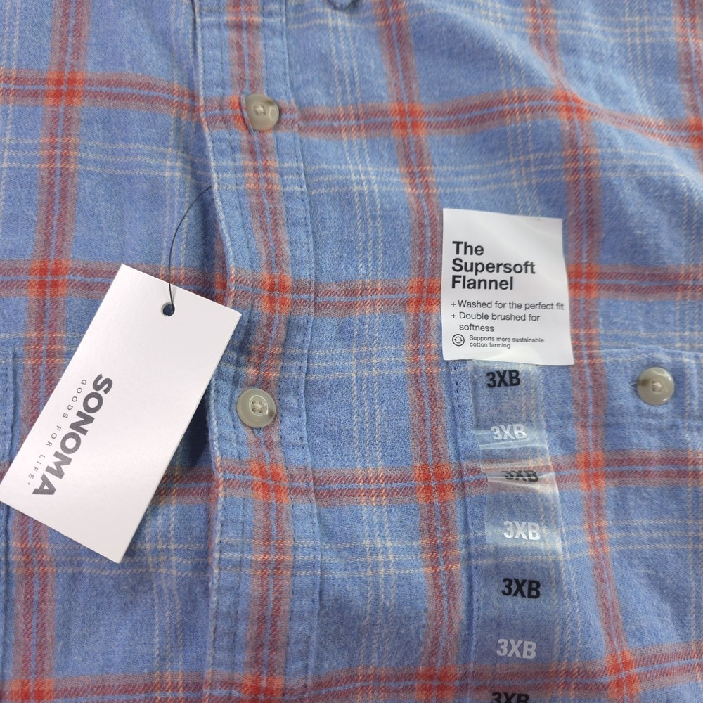 New Sonoma Shirt 3XB Supersoft Flannel Red Blue Plaid Double Brushed Button Up - Picture 2 of 8